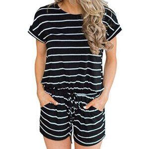 Ealey Fushi Striped Tie‎ Waist Casual Winter Vacation Romper Black White Small